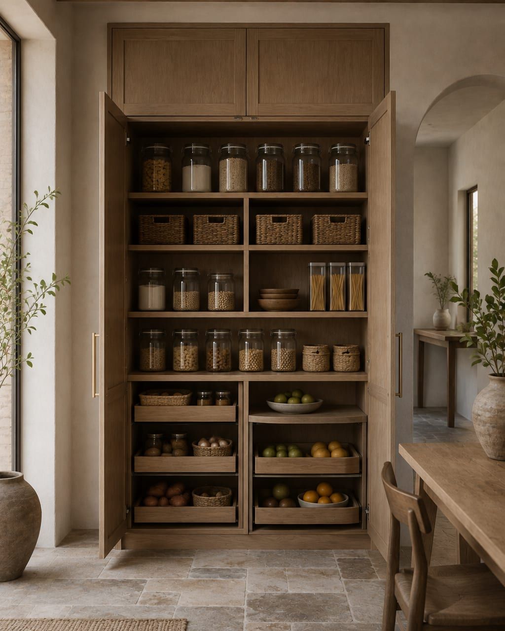 A tall pantry cabinet with rollout trays extended and stocked with jars and packets