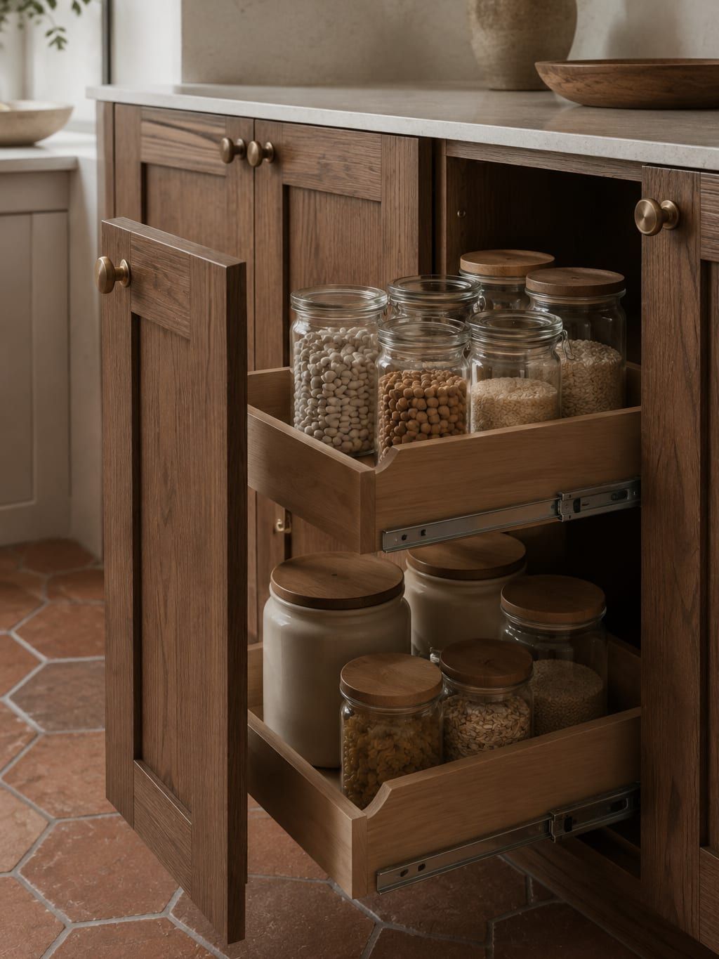 A rollout tray installed in an existing base cabinet, pulled fully forward