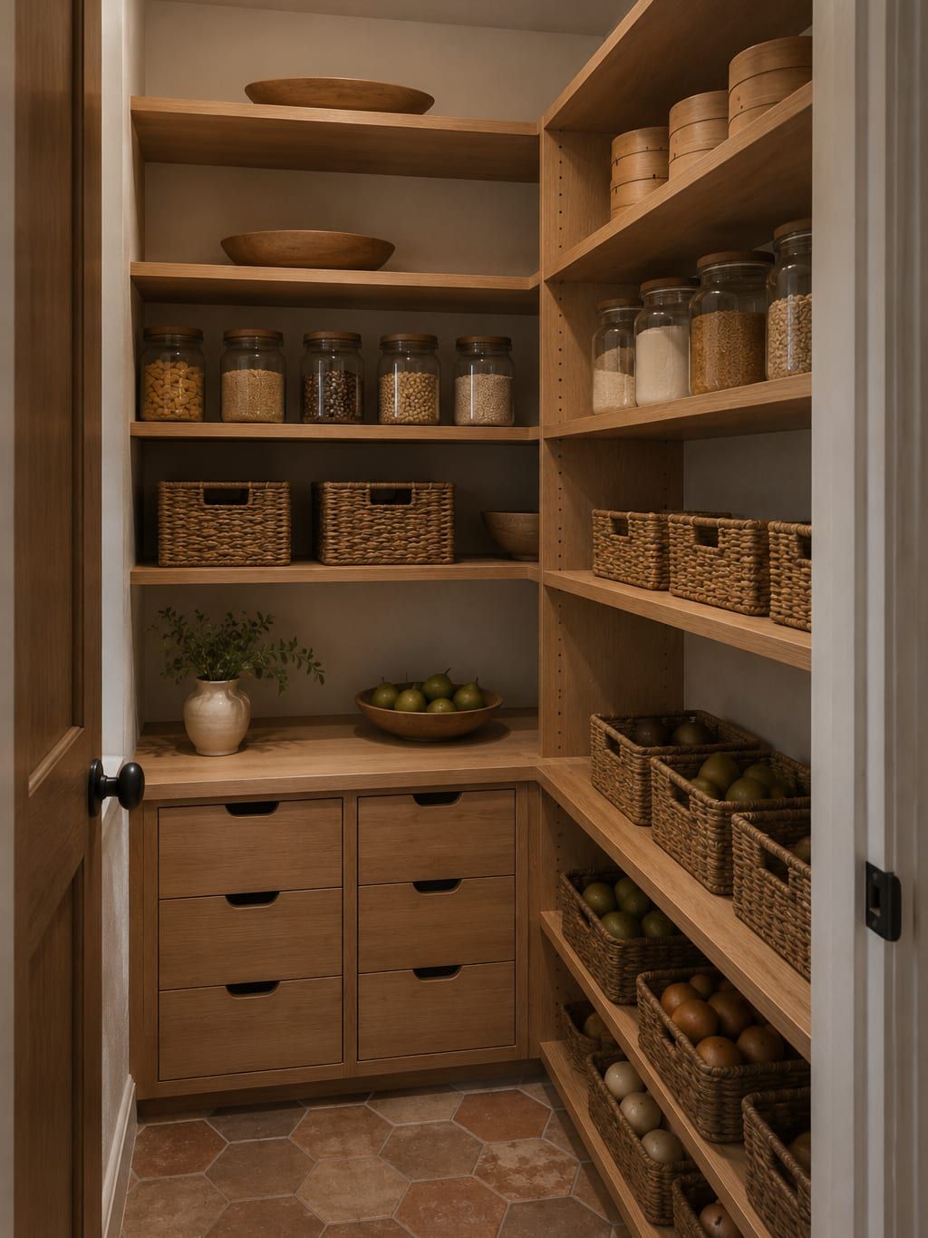 A small walk in pantry with shallow shelving on both side walls and a counter at the back