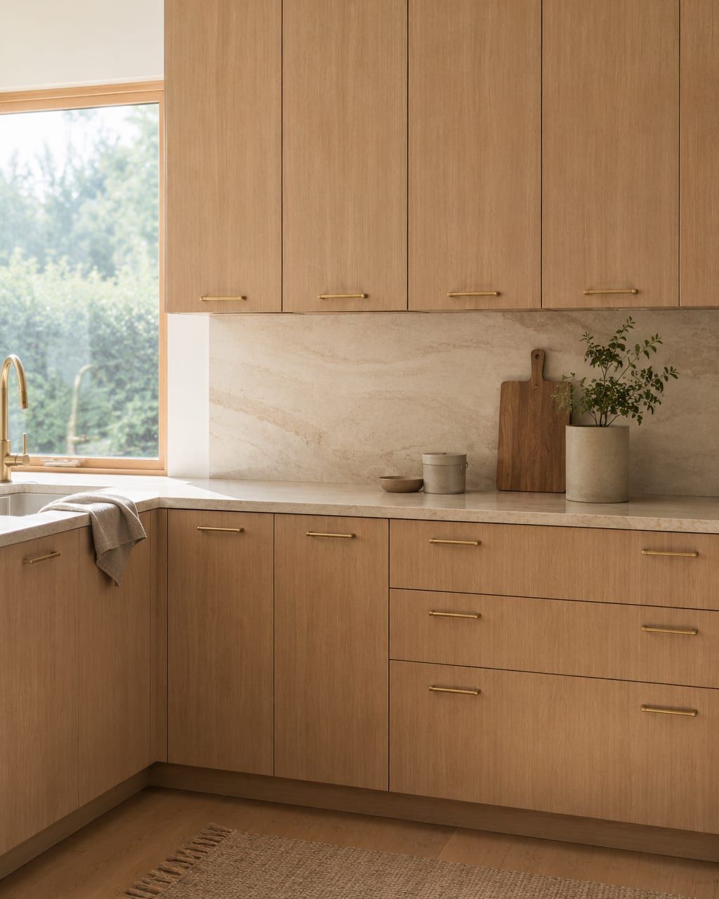 A finished kitchen photographed from the doorway with morning light across the counter