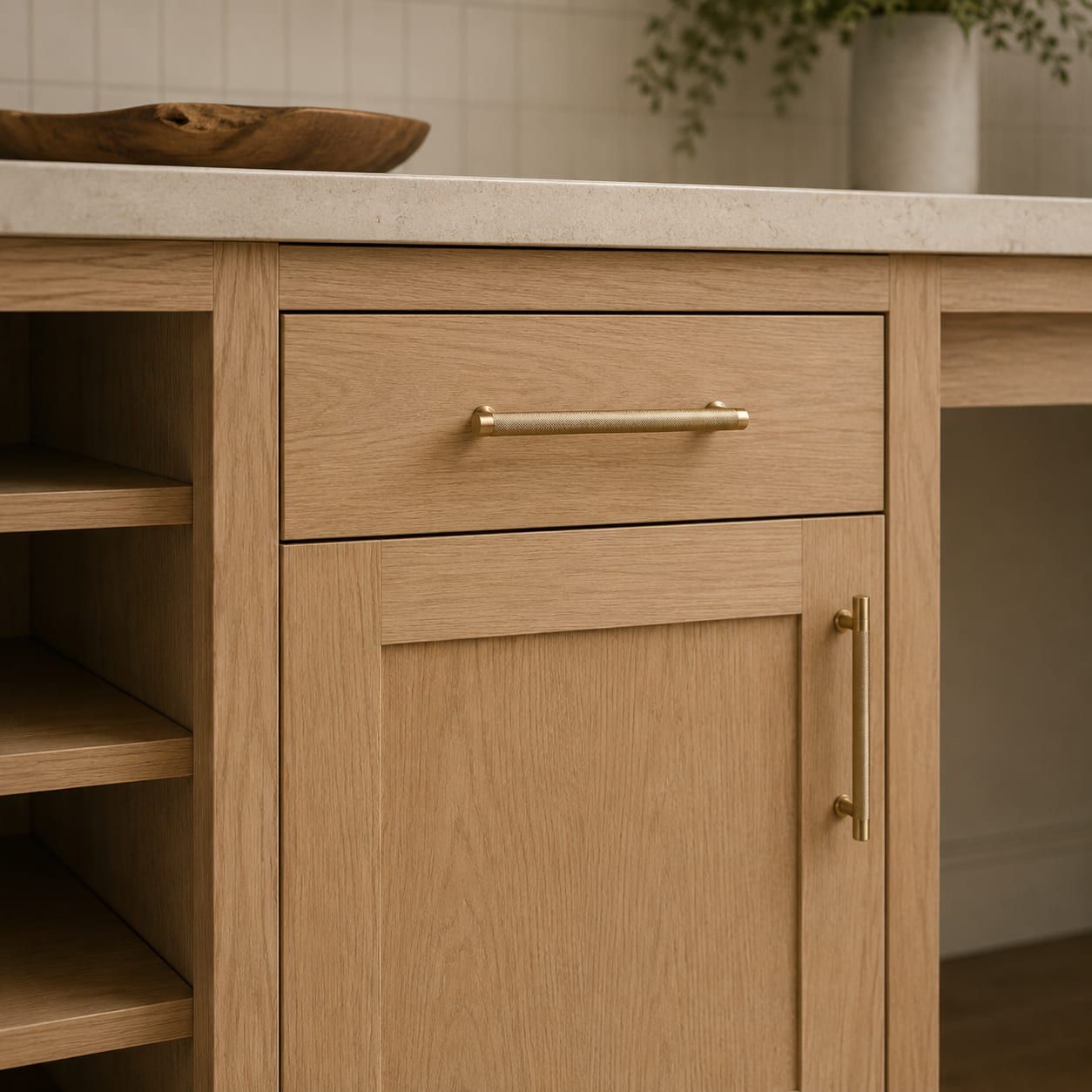 A refaced island end panel with new veneer and a matching door above