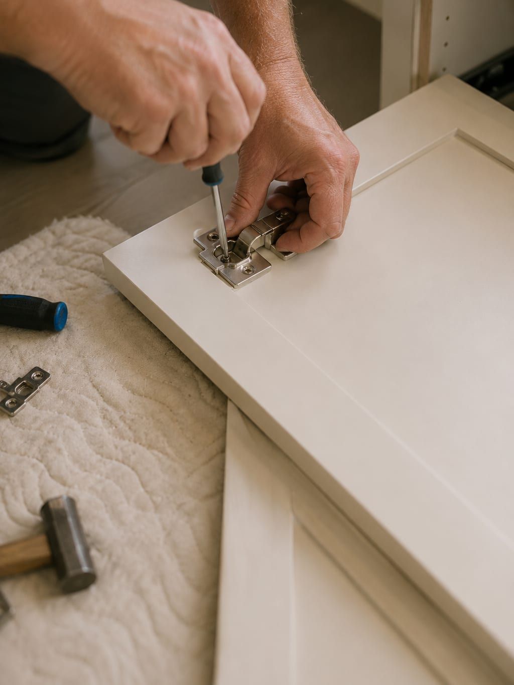 A concealed soft close hinge fitted to a new cabinet door