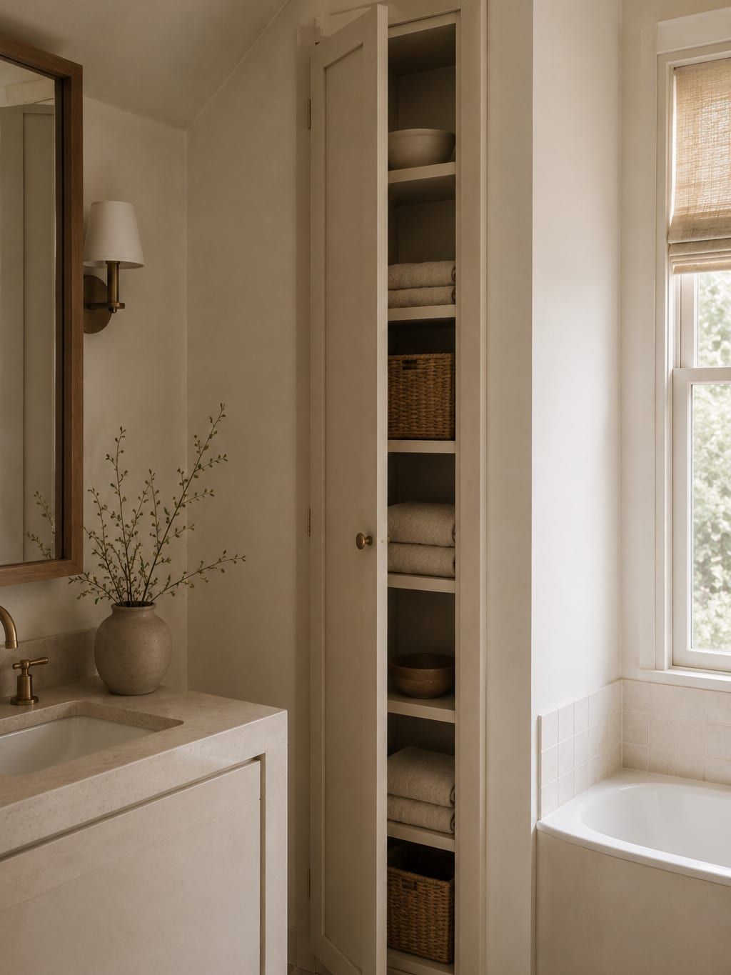 A tall narrow storage cabinet fitted into a gap beside a bathroom door