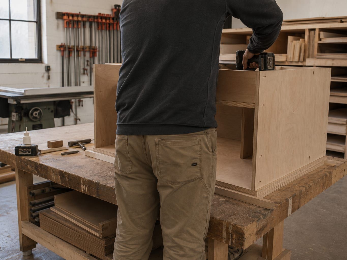 A cabinet door being sanded on a bench in the shop