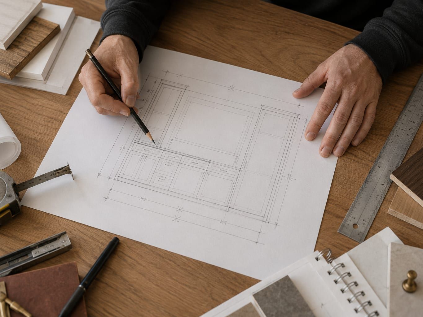 A cabinet elevation drawing with dimensions marked beside a door sample