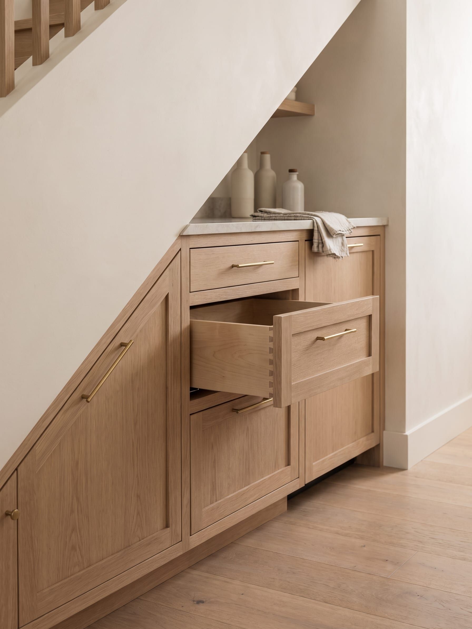 A cabinet section being carried up a narrow interior stair