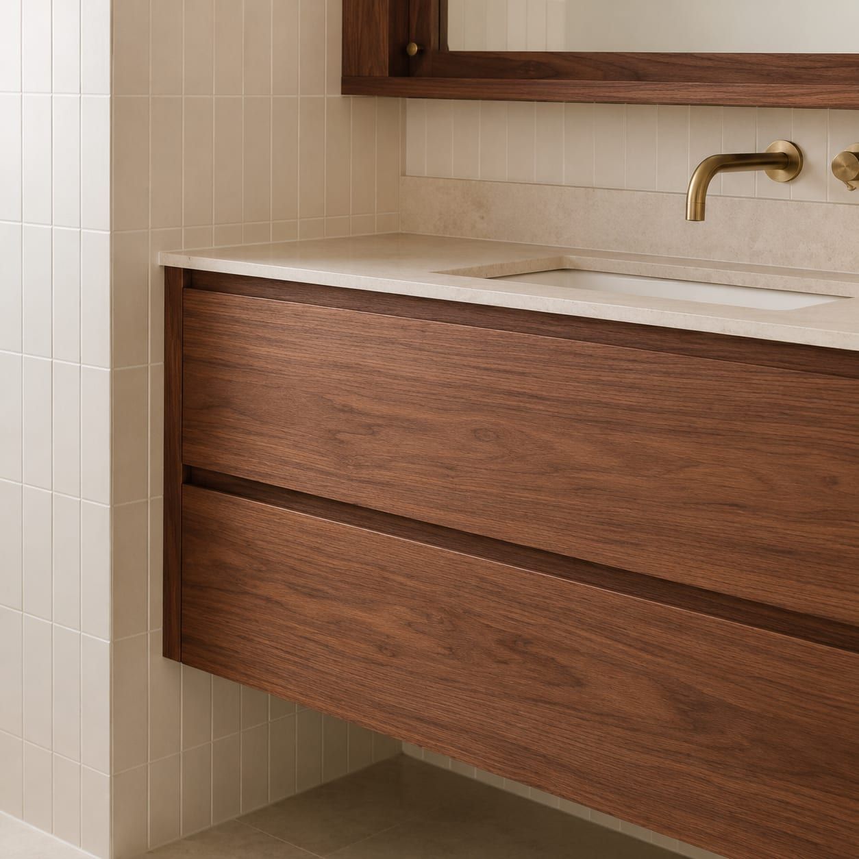 A single white oak bathroom vanity with a stone top and a wall mounted faucet