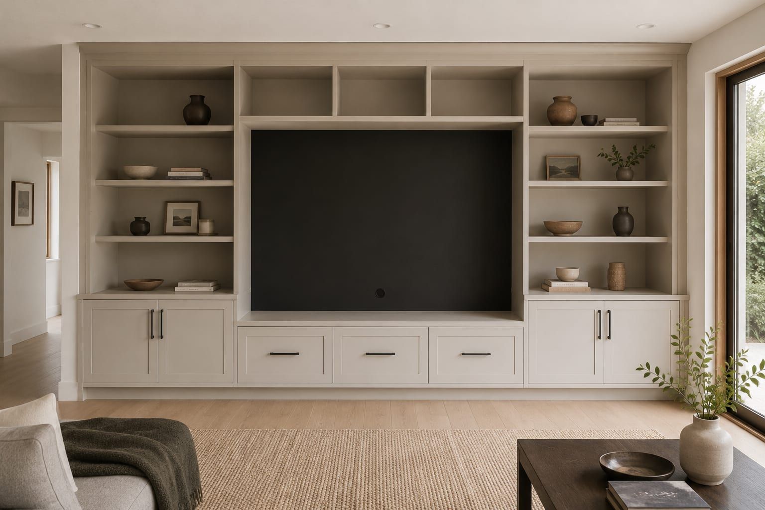 A built in media wall with flanking cabinets and floating shelves above