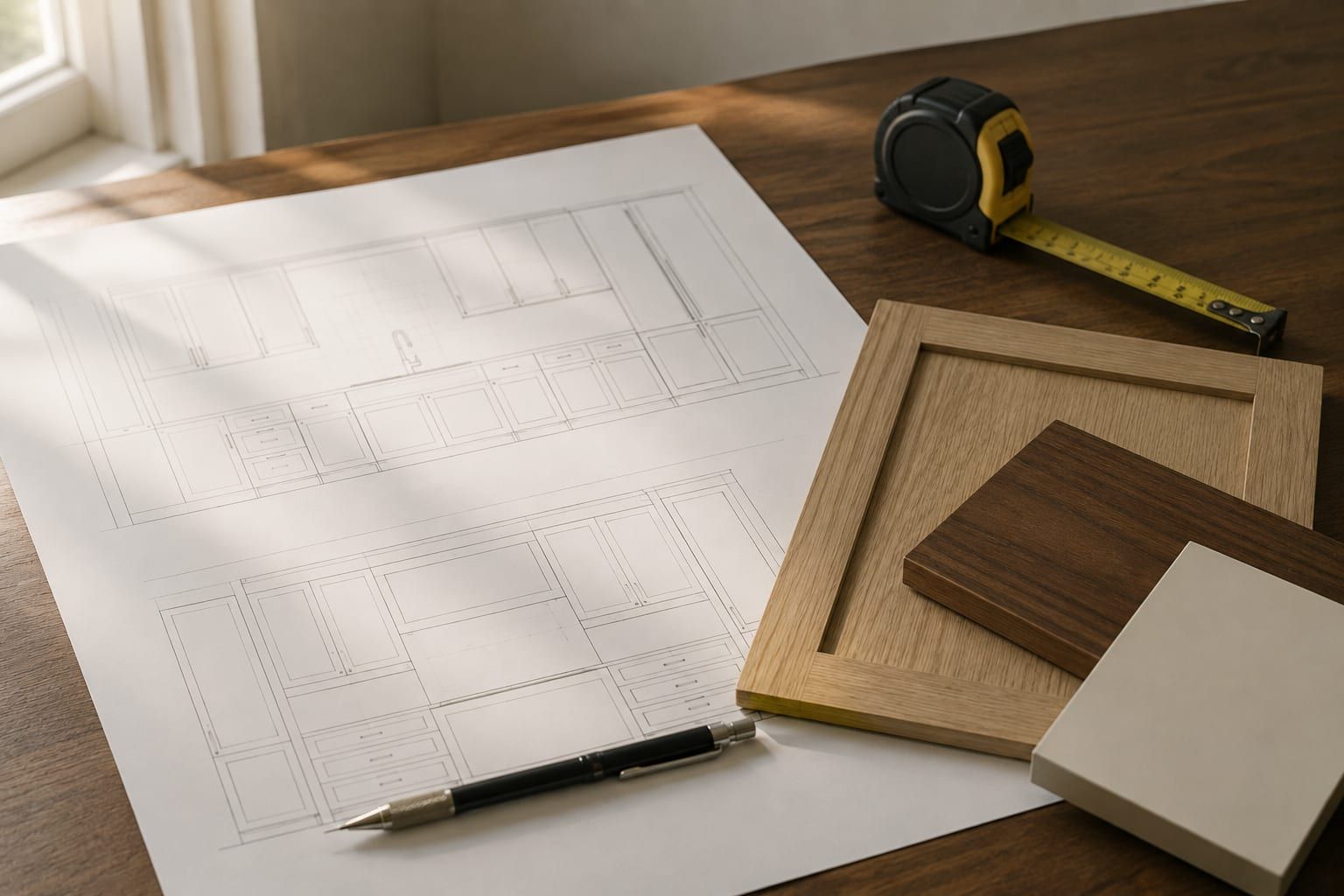 A written cabinet quote and a set of shop drawings on a kitchen counter