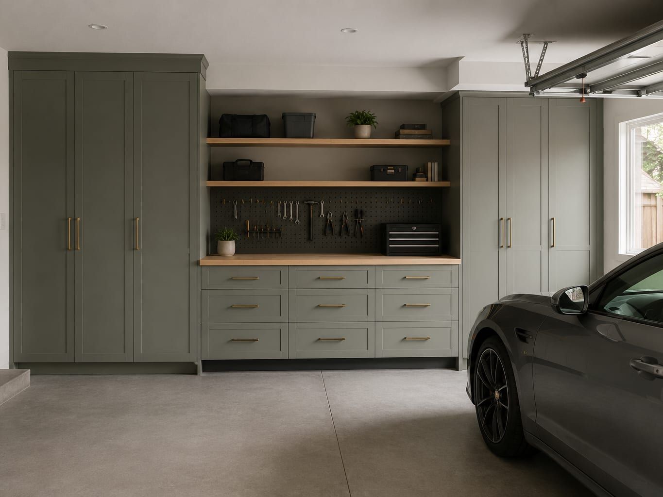 A wall of gray garage cabinets mounted clear of the concrete floor