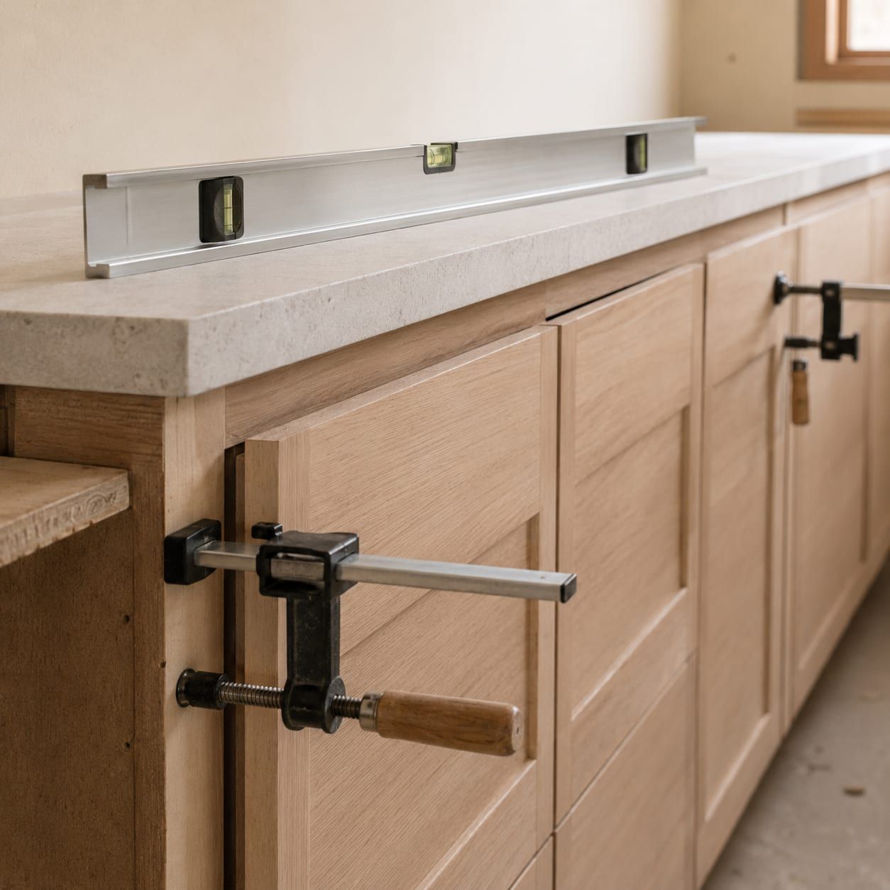 Shims and a level under a base cabinet during an install