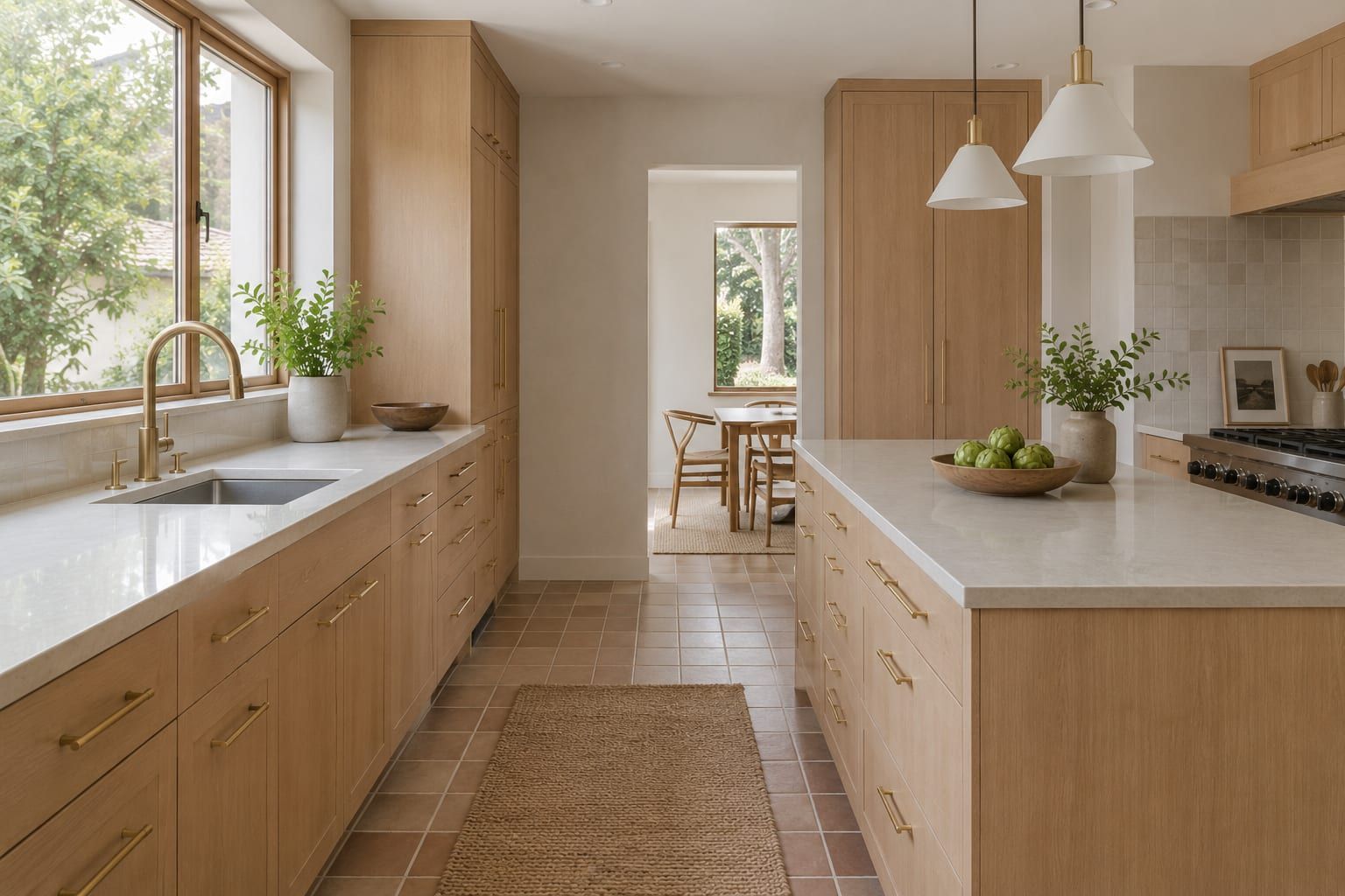 A painted shaker kitchen with a deep drawer bank beside the range