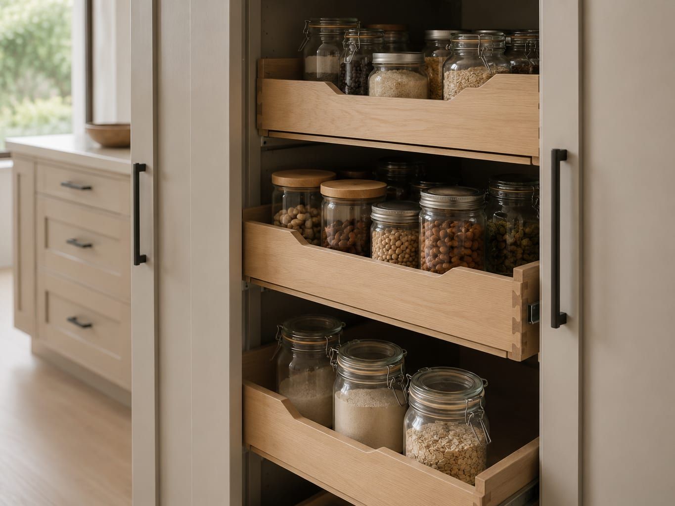 A tall pantry cabinet with rollout shelves pulled out and stocked