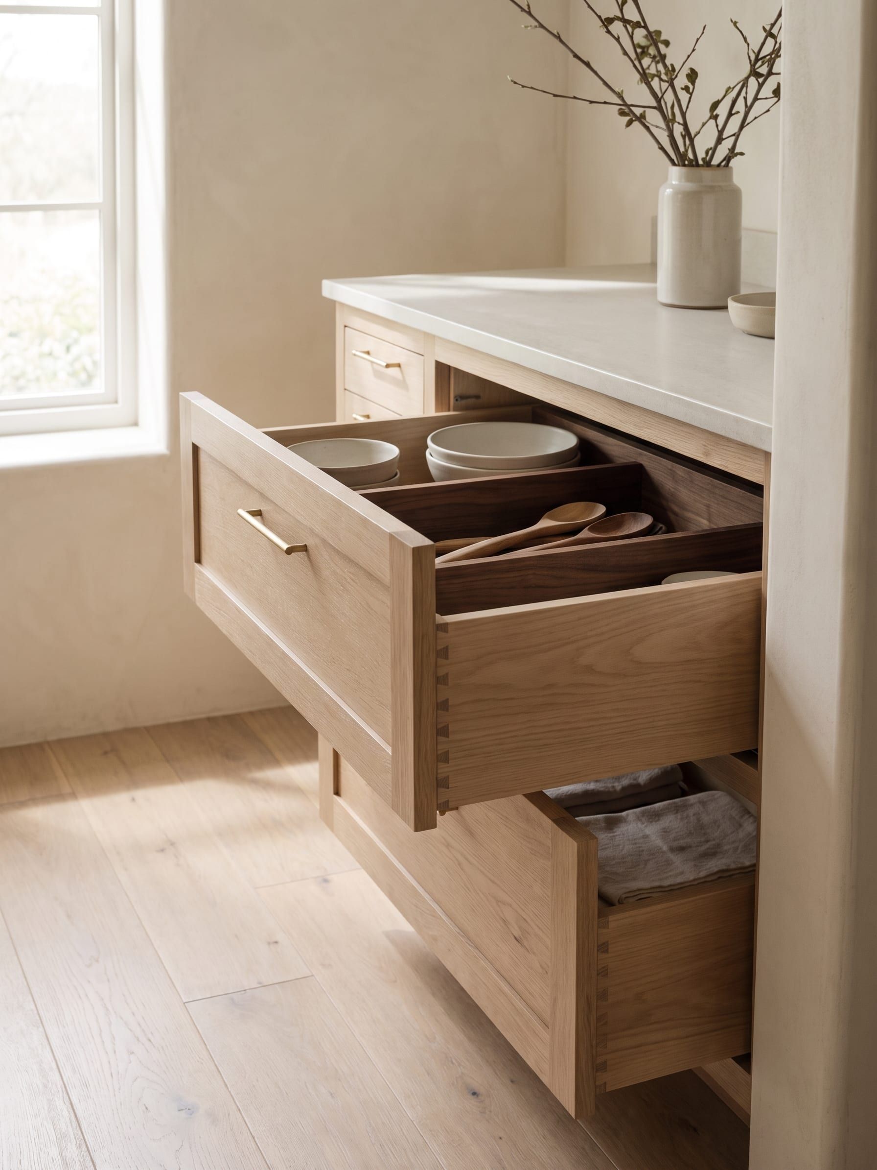A compact kitchenette with a sink base, counter run and slim refrigerator housing
