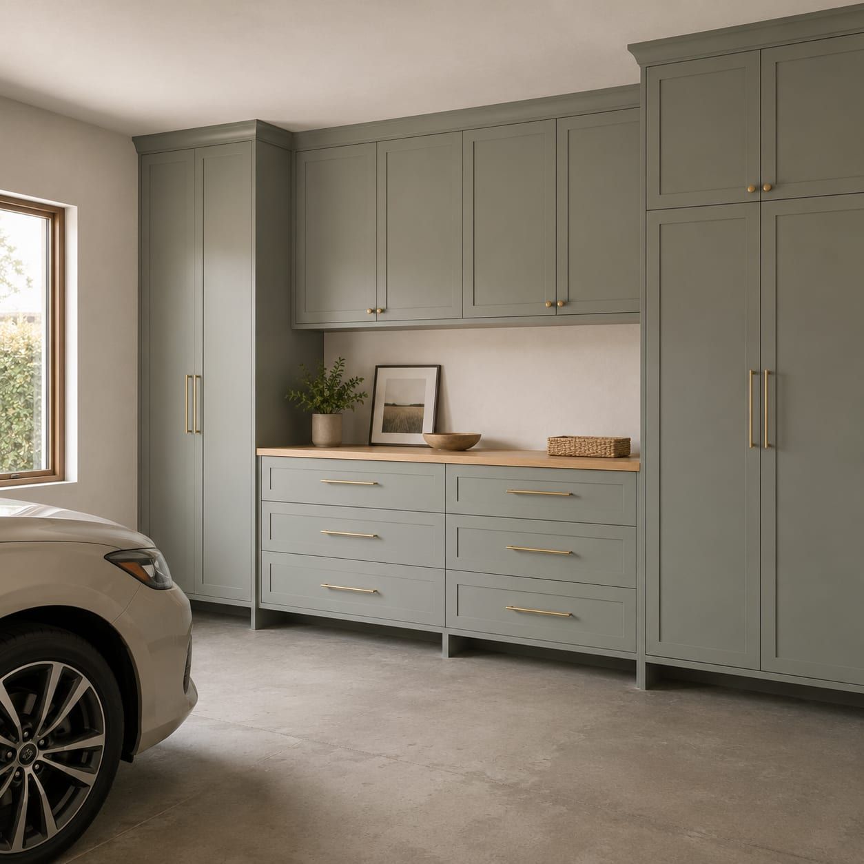 A gray laminate garage storage wall hung above the slab with a workbench in the middle