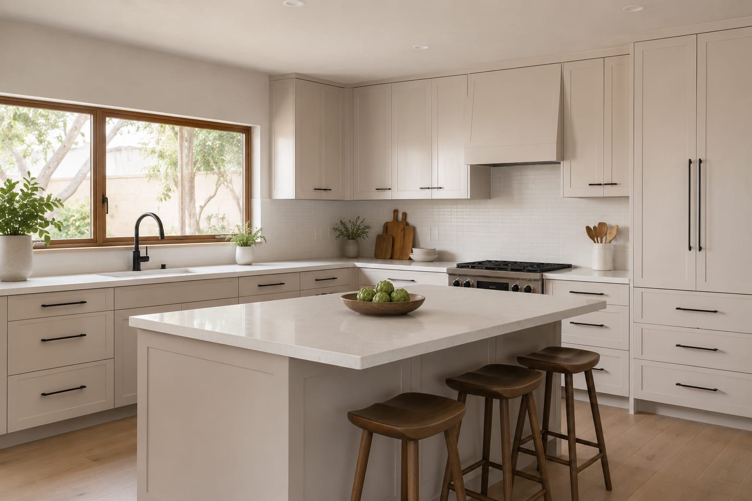 A long painted kitchen run with open shelving above the counter and a full height pantry at the end