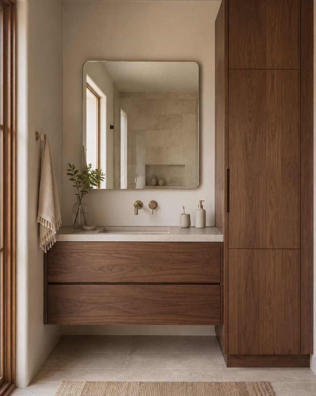 A floating white oak double vanity with two undermount sinks and a tall linen tower beside it